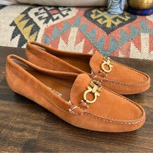 Salvatore Ferragamo “Oldilia” $795 Gold Gancini Bit Brown Suede Loafers US7